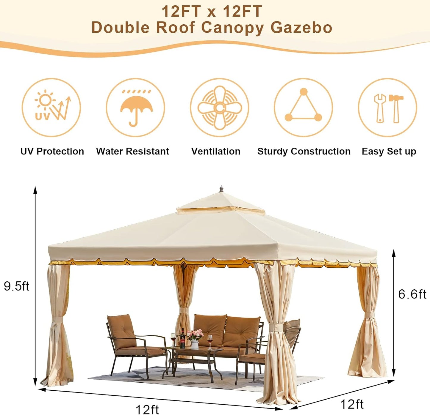 Erommy 12' X 12' Outdoor Canopy Gazebo, Double Roof Patio Gazebo Steel Frame With Netting And Shade Curtains For