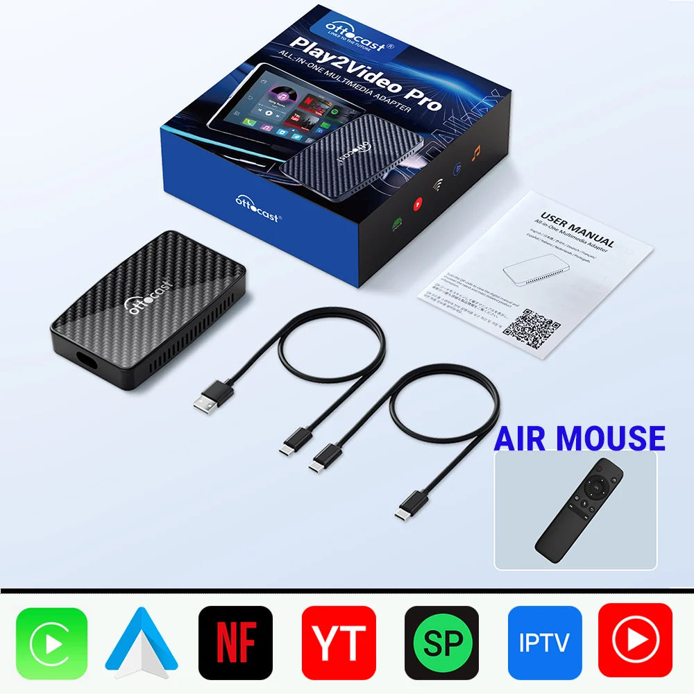 OTTOCAST Play2Video Pro Wired to Wireless CarPlay Android Auto Adapter TV Video AI Box for Youtuber for Netflix Car Accessories