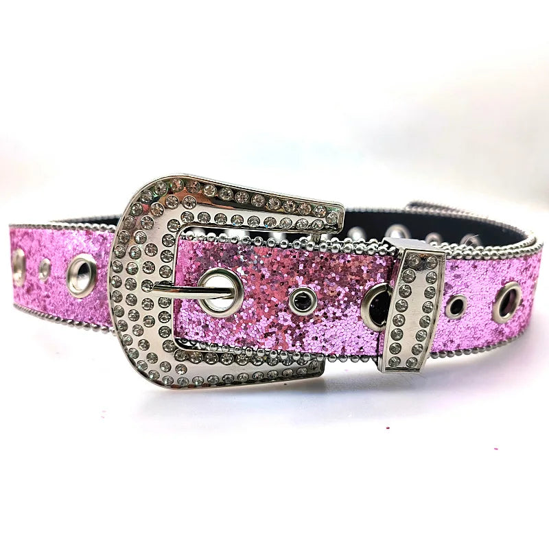 Gothic rhinestone belt for women in pink glitter with a shiny silver buckle and studs