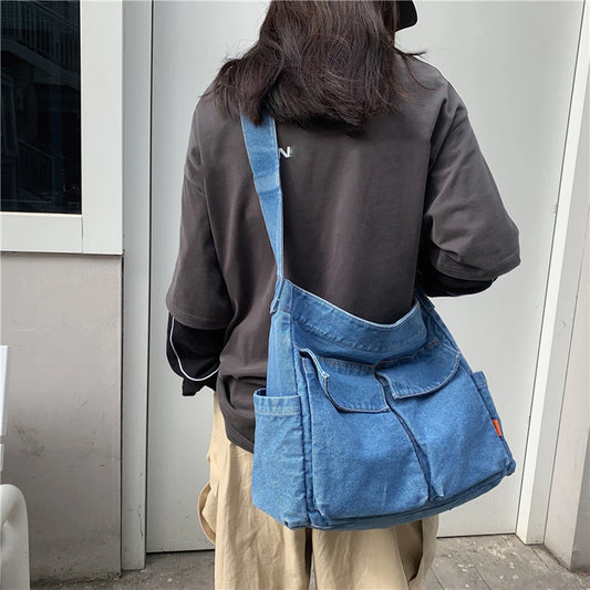 Denim Crossbody Bags for Women Japanese Style Unisex Casual Pocket Books School Bag for Students Shoulder Bags Large Jeans Bag