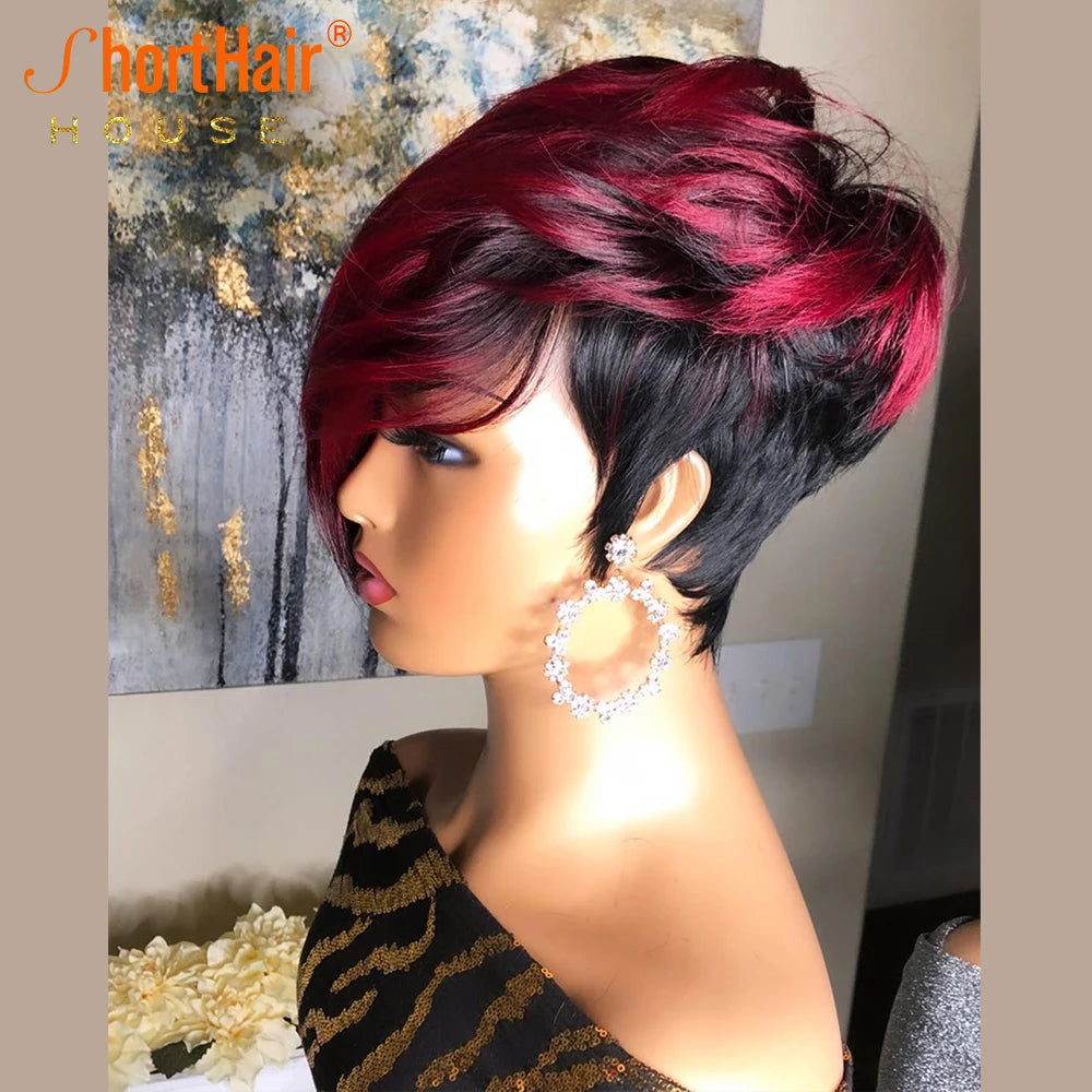 Dark Red Pixie Cut Wig Human Hair Short Bob Wig With Natural Bang Brazilian Wigs For Women Cosplay Full Machine Human Hair Wig