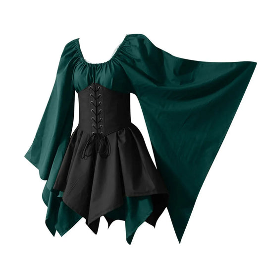 Halloween Women Witch Dress Medieval Cosplay Costumes Retro Gothic Party Dress Long Sleeve Corset Lace Up Slim Irregular Dress