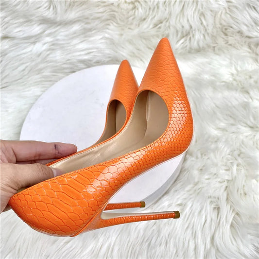 Women Orange Snake Pattern Pointed Toe Sexy 8/10/12Cm Customized Designer Shoes Plus Size 34-45 High Heels