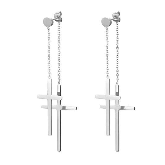 Boniskiss Fashion Tassel Double Cross long Drop Earrings Gold Silver Color Stainless Steel Woman Party Christmas Gift Jewelry