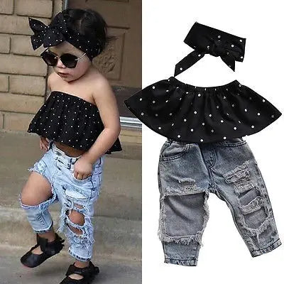 New Fashion Toddler Baby Girls Clothes Black Casual Denim Outfits Set