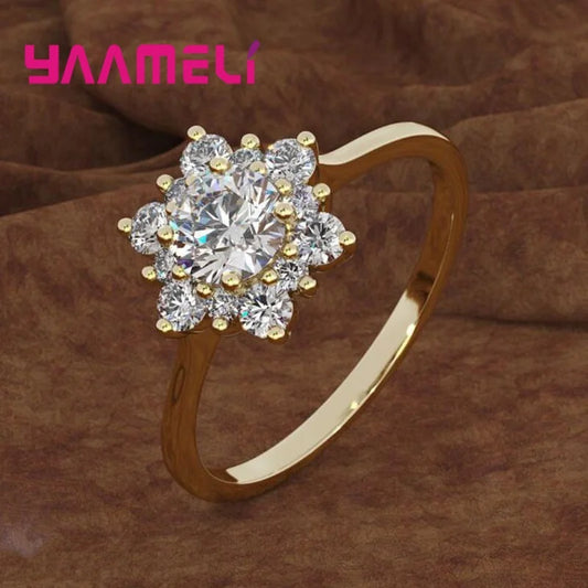 S925 Sterling Silver Snowflake Flowers Ring Transparant Clear Cubic Zirconia Micro Inlay New Fashion Women's Jewelry