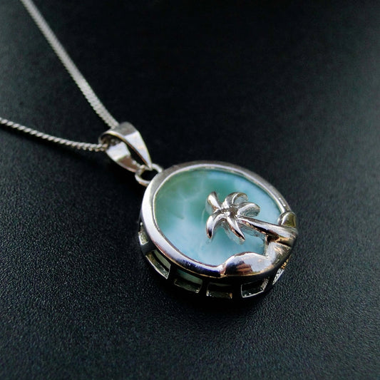 Beautiful Women's Jewelry 925 Sterling Silver Blue Natural Larimar Palm Tree Ocean Pendant Necklace For Gift