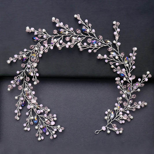 Trendy Purple Crystal Pearl Wedding Headband Tiara Handmade Hairband Bridal Headpiece Wedding Hair Accessories Women's jewelry