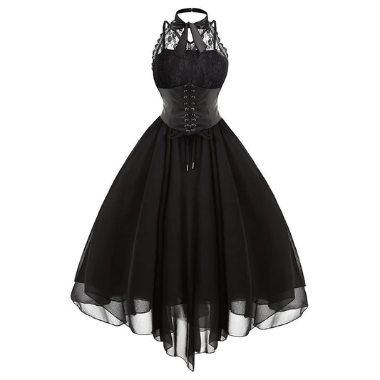 Women Dark Gothic Party Dresses Plus Size Lace Chiffon Patchwork Sleeveless Long Dress Women Elegant Halterneck Punk Dresses