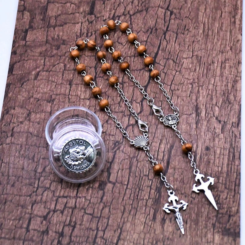 QIGO Religious Pray Jewelry Brown Wood Beads Rosary Bracelet Vintage Cross Bracelet For Men Women With Mini Box