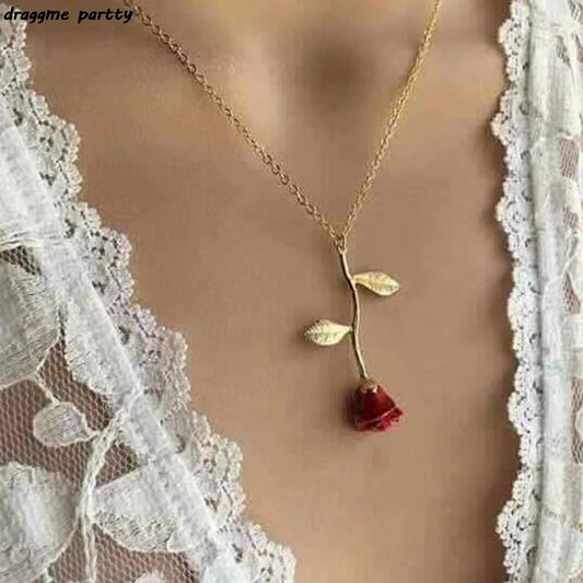 New Fashion Vintage Rose Necklace Pendant Long Chain Charm Simple Necklace Autumn Winter Women's Jewelry Valentine's Day