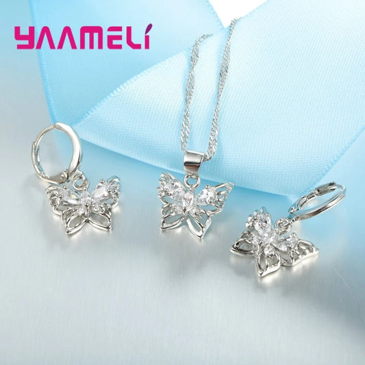 New Fashion 925 Sterling Silver Color Jewelry Sets Shining Austrian Crystal Inlaid Butterfly Wedding Pendant Necklace Earrings