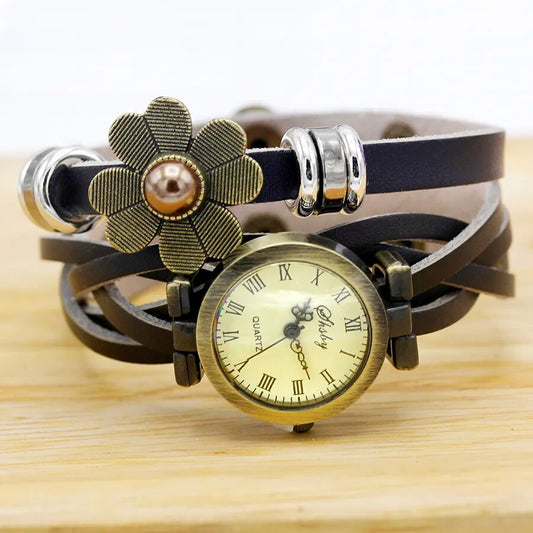 Shsby New Women Vintage Leather Strap Watches Pearl Sun Flower Bracelet Women Watch Brown Women Wristwatch