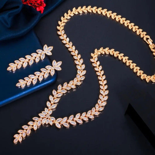 CWWZircons Leaf Shape Dangle Drop Earring and Necklace African Nigerian CZ Gold Color Wedding Jewelry Set for Brides T488