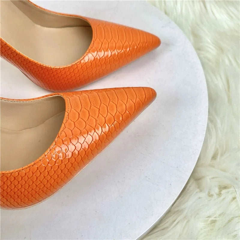 Women Orange Snake Pattern Pointed Toe Sexy 8/10/12Cm Customized Designer Shoes Plus Size 34-45 High Heels