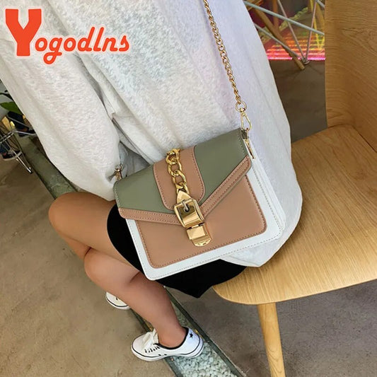 Yogodlns Small Summer Contrast Color PU Leather Crossbody Bags For Women New Chain Shoulder Messenger Handbags Lady Hand Bag