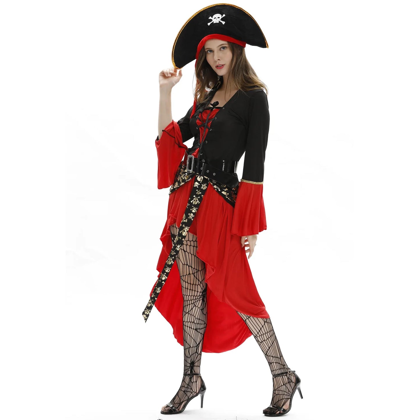 EtherealBe women's pirate costume with black and red dress, dramatic sleeves, and a pirate hat