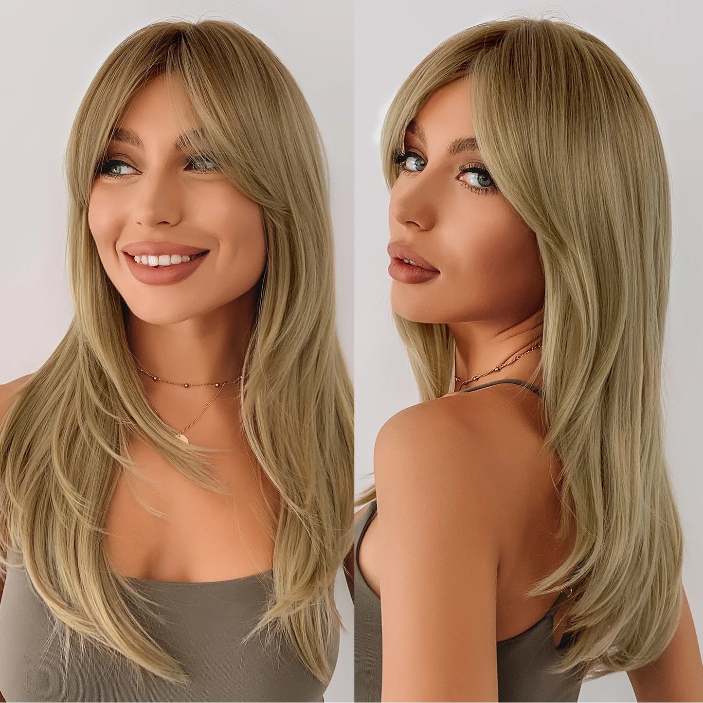 Element Medium Length Synthetic Straight Natural Brown Wigs with Side Bangs Heat Resistant Party Wigs for White/Black Women