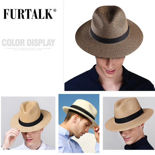 FURTALK Summer Hat for Women Men Panama Straw Hats Travel Beach Sun Hat Wide Brim Fedora Jazz Hat