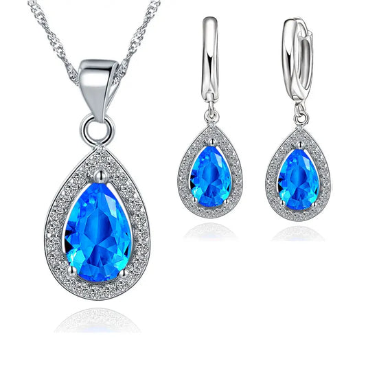 Classic 925 Sterling Silver Color Women Waterdrop Crystal Pendant Necklaces Drop Earring Set Wedding Bridal Jewelry Sets