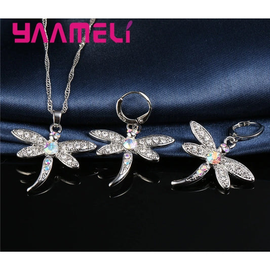 Women's Glitter Colored Cubic Zirconia Necklace And Earrings Set Dragonfly Design 925 Sterling Silver Color Jewelry for Girls