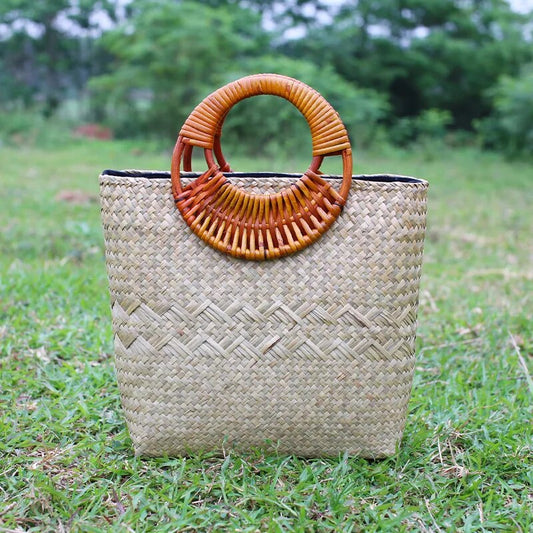 28x24CM The New Thai Simple Handmade Straw Bag Rattan Cloth Handbag Cotton And Linen A4185