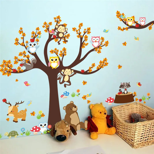 Cartoon Forest Tree Branch Animal Owl Monkey Bear Deer Wall Stickers For Kids Rooms Boys Girls Children Bedroom Home Decor