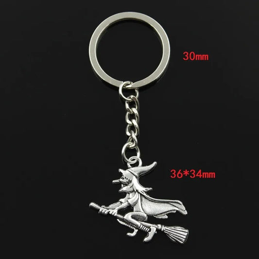 Fashion 30mm Key Ring Metal Key Chain Keychain Jewelry Antique Silver Color Plated Witch Broomstick Halloween 36x34mm Pendant