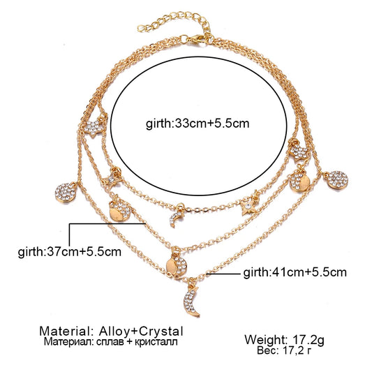 Gold Color Multilayer Crystal Choker Necklace Bohemian Layered Star Moon Pendant Vintage Necklace Women's Jewelry Party Gift