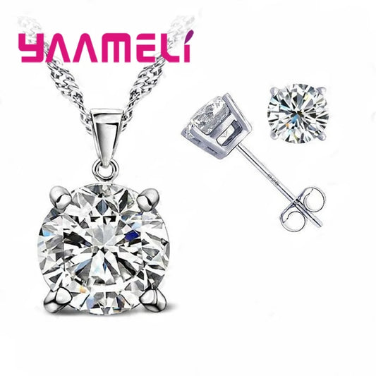 Fast Shipping 925 Serling Silver Color Shiny Cubic Zirconia Necklace Pendant Earrings Women Big Round Crystal Jewelry Sets