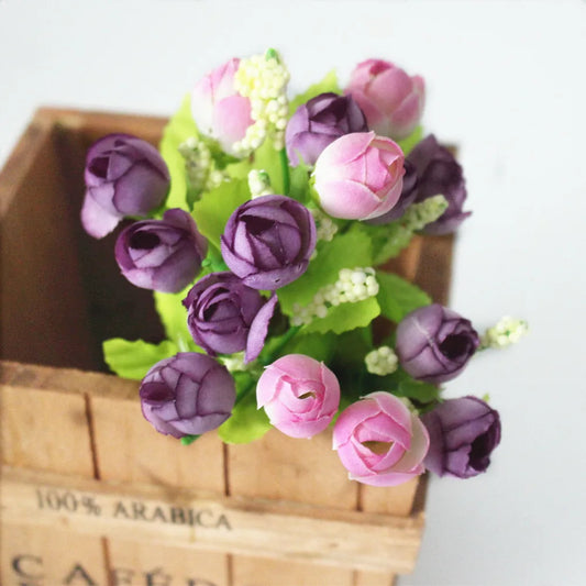 Colorful Silk Flowers artificial flower 15 heads Mini Rose Home Decor for wedding small roses bouquet decoration