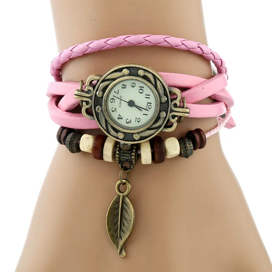 Gnova Platinum TOP Genuine Leather Bracelet Watch Women LEAF Vintage wristwatch Korean Fashion student school