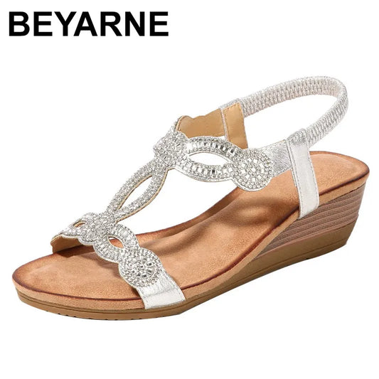 BEYARNE Women's Shoes Summer New Bohemia Wedge Women Sandals Rhinestone Woman Flip Flops Vintage Women Shoes BeachE627