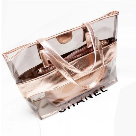 2 pcs set Women Summer Beach Bag PVC Transparent Composite Bags Set Shoulder Bag with Purse Waterproof Beach Tote Casual Bag