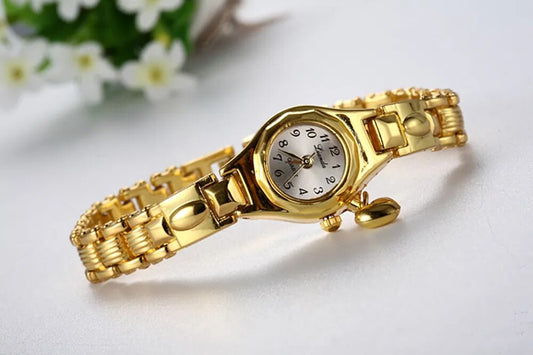 Women Lady's luxury royal gold Dial honey heart pendant stainless steel Bracelet Watch Time Quartz