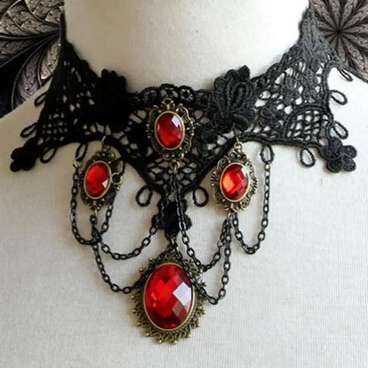 1Pcs Gothic Black Lace Choker Halloween Red Rhinestone Charms Vampire Necklace Cocktail Evening Party Dress Jewelry