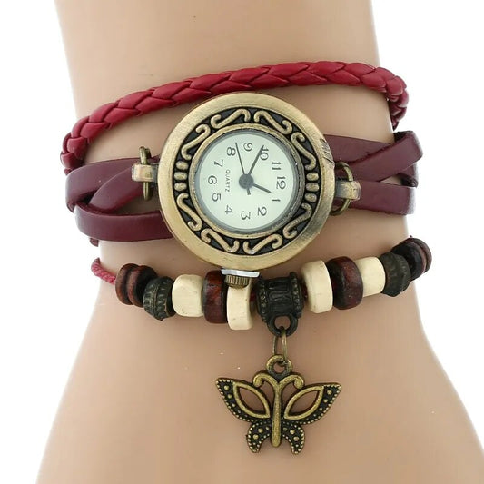 Gnova Platinum Genuine Leather Bracelet Women Watch Hollowed butterfly charm casual quartz wristwatch ethnic fashion A888