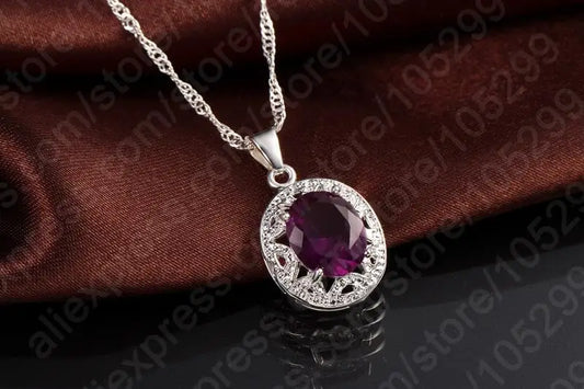 Elegant Women 925 Sterling Silver Color Purple Crystal Pendants Necklaces Earring Ring Set for Wedding Engagement Jewelry Gift