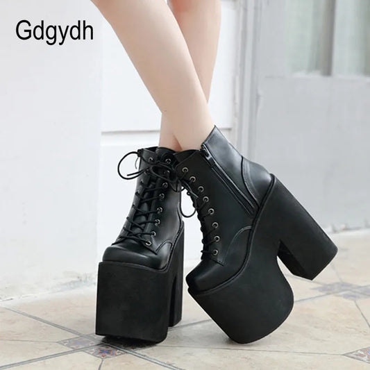 Gdgydh Height 17cm Chunky Heel Motorcycle Boots Women Platform Ankle Boots Punk Cosplay Thick Sole Goth Shoes Big Size 43