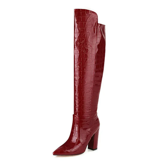 Black Brown Wine Red White Women Over the Knee Boots Patent PU Leather Women Winter Shoes Fashion Pointed Toe Square Heel Shoes