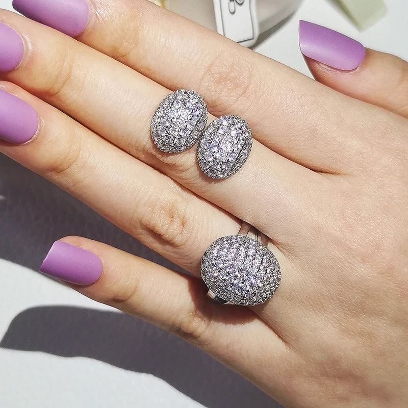 2pcs Pack silver color bride Jewelry Set Halo Engagement Ring Round Stud Earring For Wedding Christmas Gift Party J6016