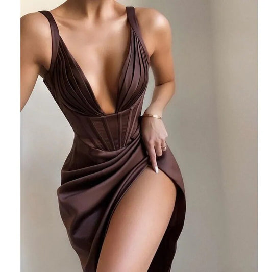 Satin Deep V-Neck High Split Midi Sleeveless Club Dress