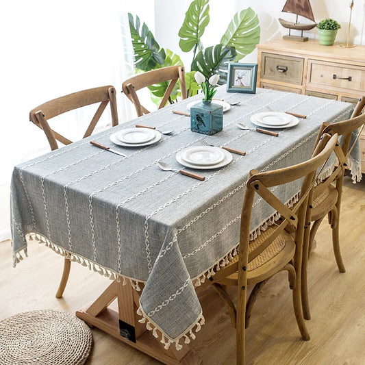 Solid Decorative Linen Tablecloth With Tassel Waterproof Thicken Rectangular Wedding Dining Table Cover Tea Table Cloth