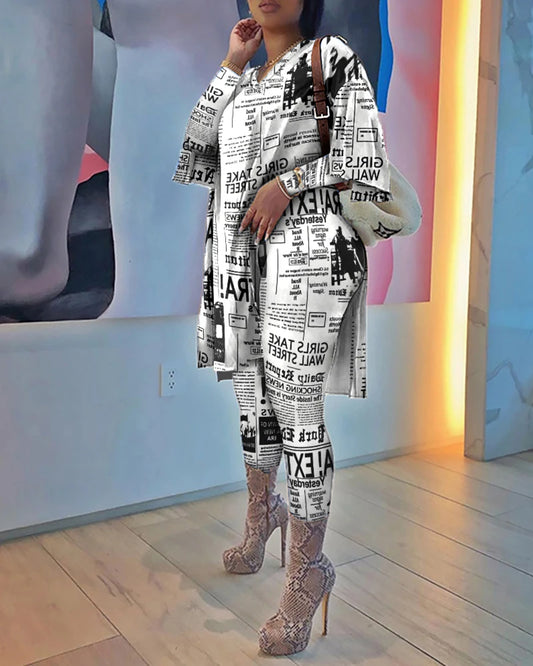 Newspaper Print Women Outfits Spring Women'S Tops And Pants High Waist Casual Suit 2 Piece