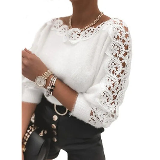 New White Sweater Women V Neck Lace Stitching Hollow Out Long Sleeves Fashion Loose Sweaters Elegant High Quality Tops