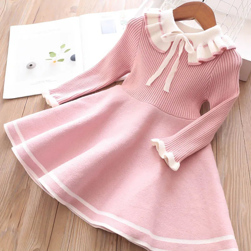 New girl baby sweater knitted dress children warm Sweater dress for girls infant casual pure color Pleated princess dress