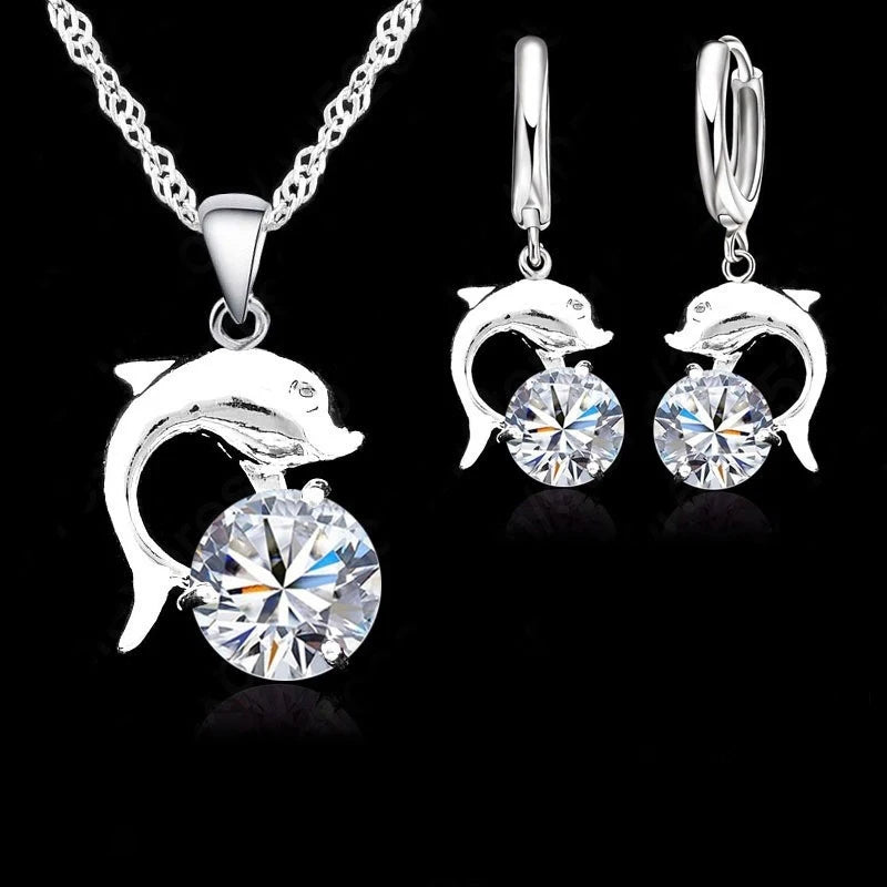 Jewelry Sets for Women Grils Wedding Engagement CZ Diamond 925 Sterling Silver Color Dolphin Pendant Necklace Hoop Earrings