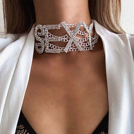 Rhinestone Choker Necklace Luxury Fashion Crystal Jewellery Sexy Word Chocker Bling Glam Sparkly Women's Jewelry Accessories