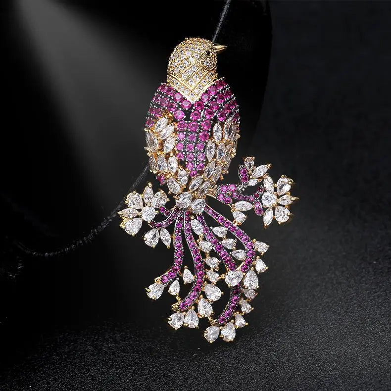 Trendy Floral Blooming Delicate Bird Zircon Exaggerated Brooch Luxury Temperament Flower Gold-plated Brooch Women New Year Gift