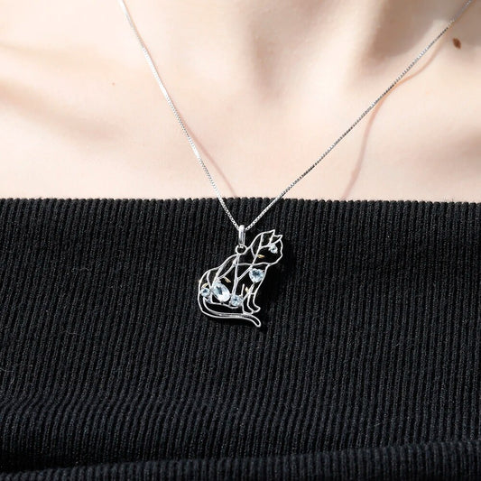 GEM'S BALLET Cat Shape Natural Sky Blue Topaz Animal Jewelry 925 Sterling Silver Handmade Gemstone Pendant Necklace For Women